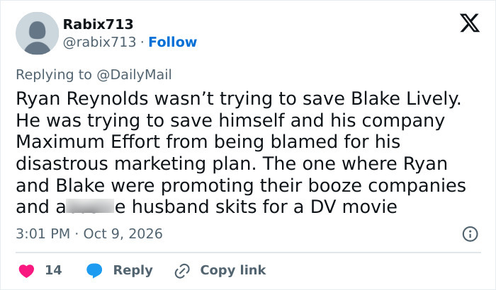 Social media post discussing Ryan Reynolds and Blake Lively movie marketing plans
