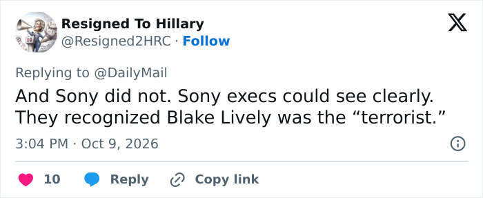 A social media comment discussing Sony executives and Blake Lively.
