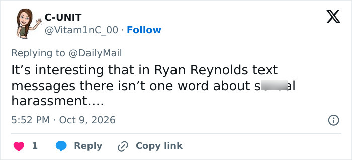 A social media comment regarding Ryan Reynolds text messages.