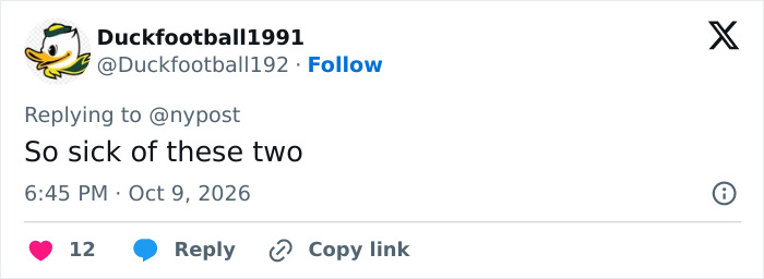A social media post referencing Blake Lively and Ryan Reynolds with text stating So sick of these two. A social media post referencing Blake Lively and Ryan Reynolds with text stating So sick of these two.