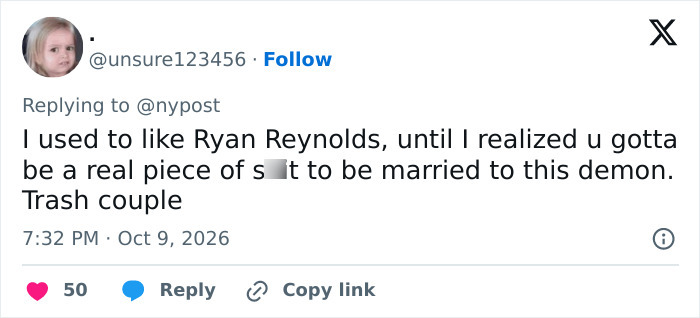 Social media comment criticising Blake Lively and Ryan Reynolds amid leaked celebrity texts drama. Social media comment criticising Blake Lively and Ryan Reynolds amid leaked celebrity texts drama.