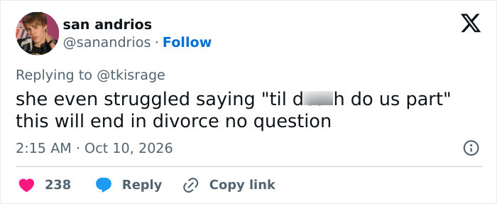 Social media comment predicting divorce after awkward wedding vows moment.