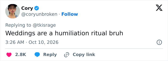 Social media user expressing outrage over awkward viral wedding vows.