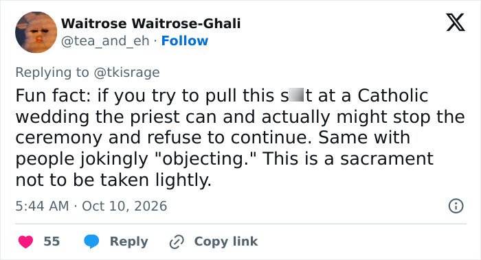 Social media comment discussing wedding vows and traditions at a Catholic ceremony.