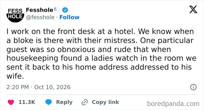 Anonymous confessions post about a hotel worker sending a lost watch to a rude guest's wife