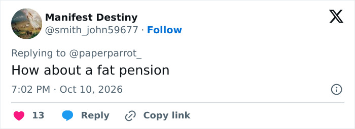 A comment asking for a fat pension in response to a viral Walmart employee retirement story. A comment asking for a fat pension in response to a viral Walmart employee retirement story.