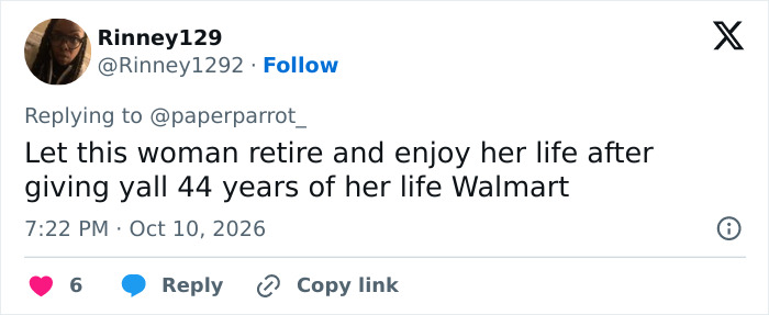 A social media post defending a Walmart employee after 44 years of service. A social media post defending a Walmart employee after 44 years of service.