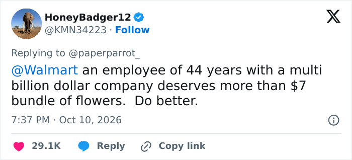 A post expressing workers rage over a Walmart employee retirement gift of cheap flowers. A post expressing workers rage over a Walmart employee retirement gift of cheap flowers.