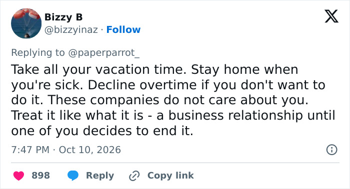 Tweet advising workers on business relationships with corporate employers Tweet advising workers on business relationships with corporate employers