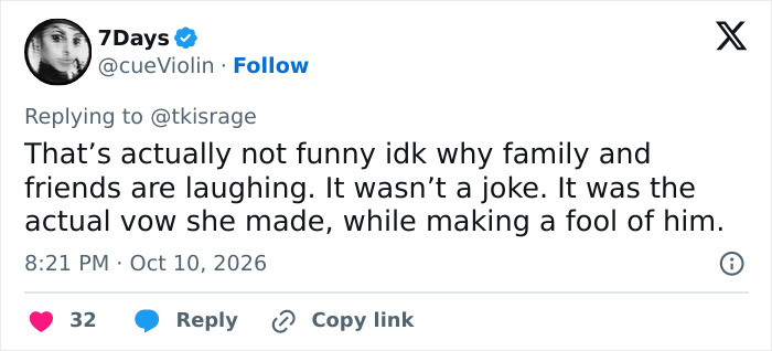 Online reaction criticizing a bride after controversial wedding vows made a fool out of the groom.