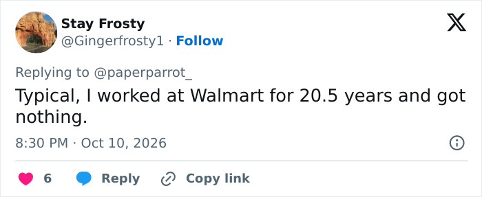A tweet from a former Walmart employee sharing their experience after working 20.5 years. A tweet from a former Walmart employee sharing their experience after working 20.5 years.