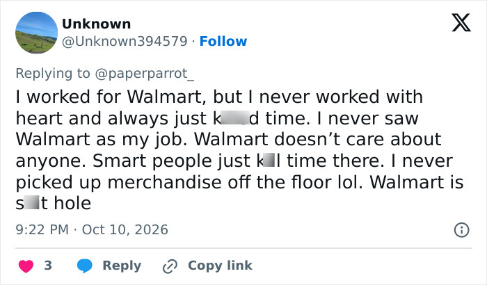 A social media post criticizing workplace culture regarding a Walmart employee retirement gift. A social media post criticizing workplace culture regarding a Walmart employee retirement gift.