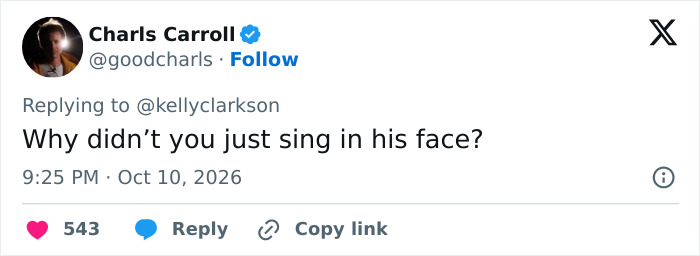 A social media post asking Kelly Clarkson why she did not sing to the employee during the Brooklyn store incident.