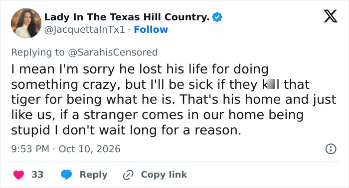 Social media comment about a man&rsquo;s final moments at a tiger enclosure, defending the animal&rsquo;s natural instincts.