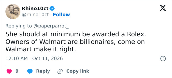 Social media comment on a Walmart employee retirement gift showing workers rage. Social media comment on a Walmart employee retirement gift showing workers rage.