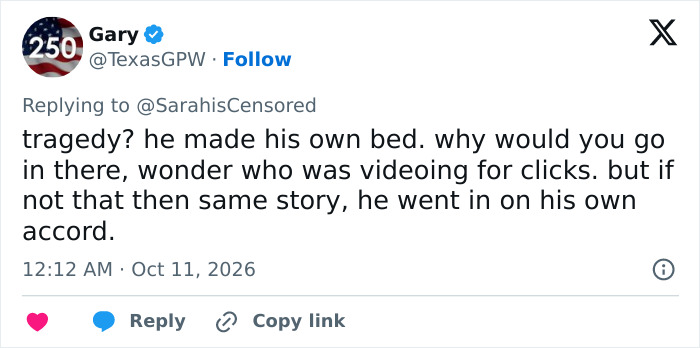 A social media post discussing a man entering a tiger enclosure of his own accord.