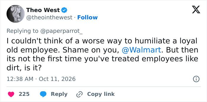 Social media post highlighting workers rage after a long-term Walmart employee receives an unsatisfactory retirement gift. Social media post highlighting workers rage after a long-term Walmart employee receives an unsatisfactory retirement gift.