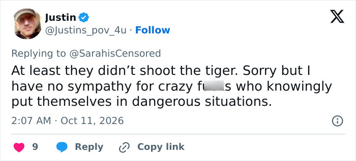 A social media post about people in dangerous situations at a tiger enclosure