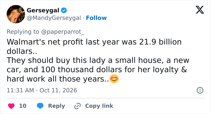 Social media reaction discussing company profits and workers rage over a Walmart employee retirement gift. Social media reaction discussing company profits and workers rage over a Walmart employee retirement gift.