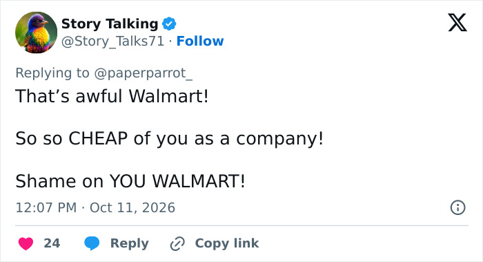 A social media post calling out a company for a cheap retirement gift given to a Walmart employee. A social media post calling out a company for a cheap retirement gift given to a Walmart employee.