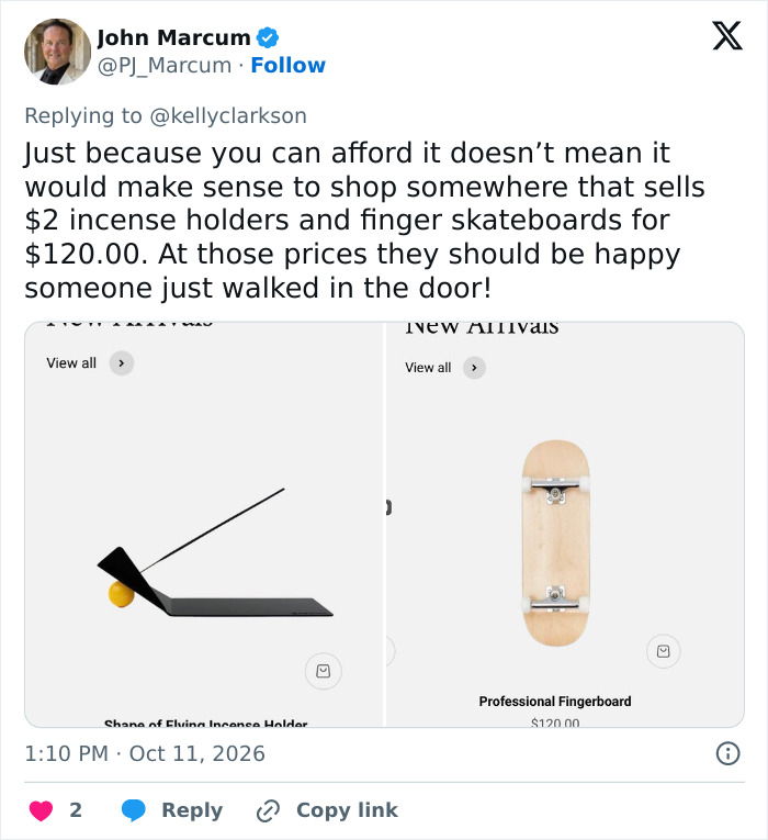 A social media post about Kelly Clarkson with screenshots of expensive items from a Brooklyn store.