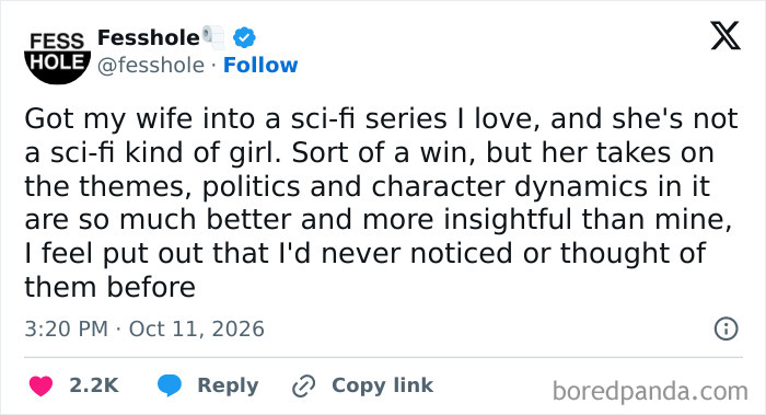 Anonymous confessions post about a person impressed by their wife's deep sci-fi insights