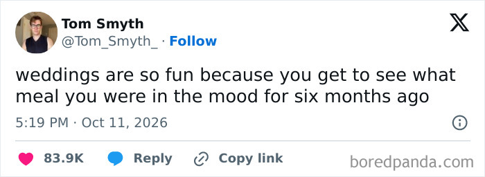 A hilarious tweet about wedding meal choices shared this October.