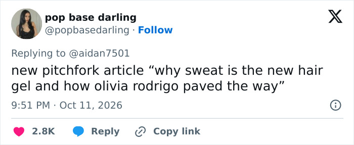 A tweet comparing a pop star unhygienic moment on stage to an Olivia Rodrigo article.
