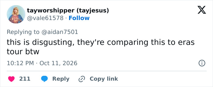 A fan comment comparing a pop star being blasted on stage to Taylor Swift's Eras Tour.