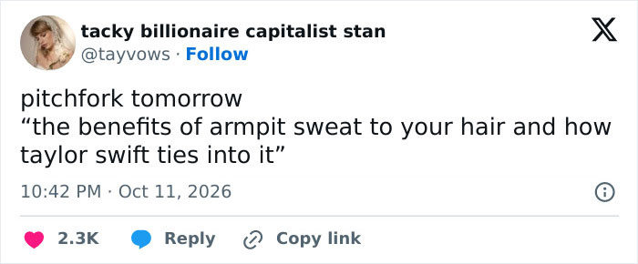 A tweet joking about Taylor Swift and an unhygienic pop star stage move.