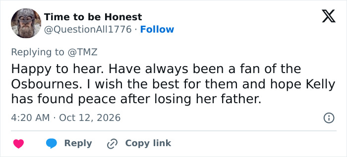 A supportive social media message about Kelly Osbourne and her family.