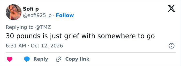 A social media post discussing grief and weight gain regarding Kelly Osbourne.
