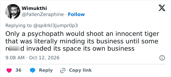 A online user reply arguing against shooting the animal inside the tiger enclosure