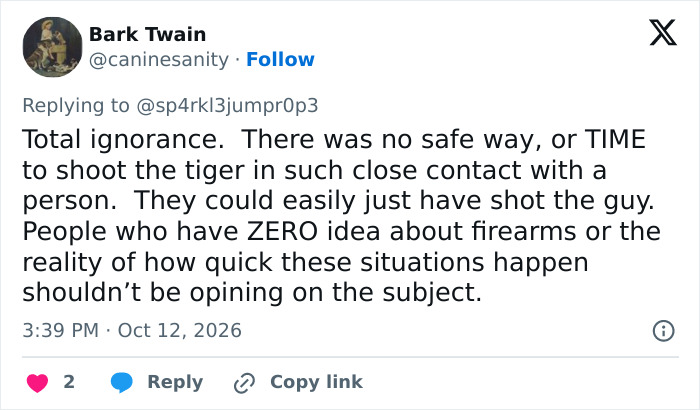 Post discussing the dangers and lack of time to safely shoot during the man&rsquo;s final moments at tiger enclosure.
