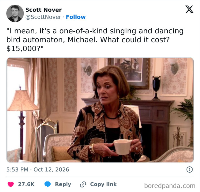 A funny tweet shared in October featuring a meme of Lucille Bluth holding a teacup with a humorous caption.