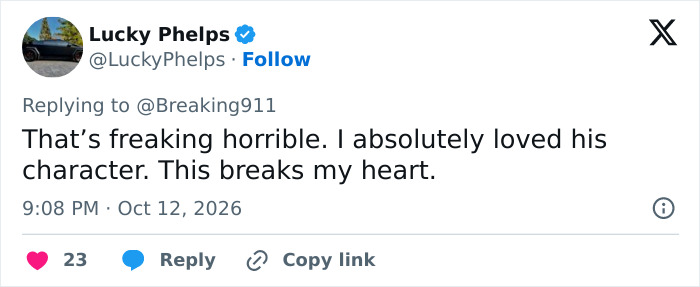 A tweet from Lucky Phelps expressing heartbreak regarding RJ Mitte's tragic passing. A tweet from Lucky Phelps expressing heartbreak regarding RJ Mitte's tragic passing.