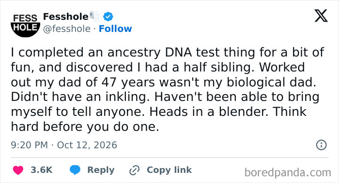 Anonymous confessions post about discovering a family secret after taking an ancestry DNA test.