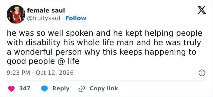 A social media post praising RJ Mitte for helping people with disabilities throughout his life. A social media post praising RJ Mitte for helping people with disabilities throughout his life.