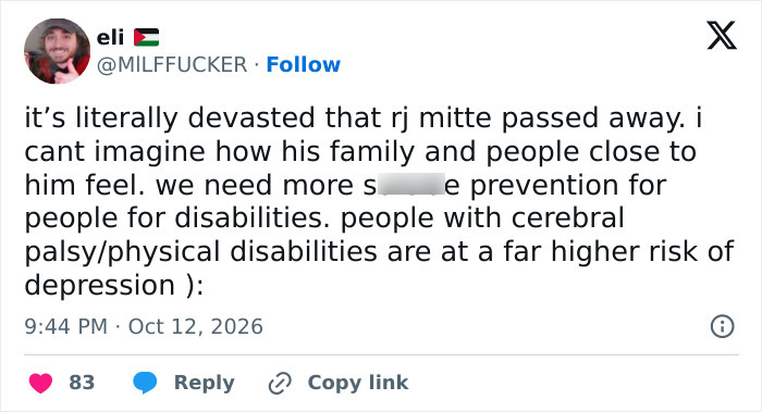 Post discussing RJ Mitte tragic passing and advocating for disability support. Post discussing RJ Mitte tragic passing and advocating for disability support.