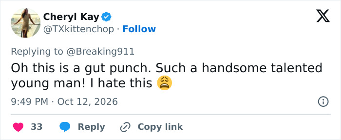 A tweet by Cheryl Kay expressing sorrow over RJ Mitte's tragic passing. A tweet by Cheryl Kay expressing sorrow over RJ Mitte's tragic passing.