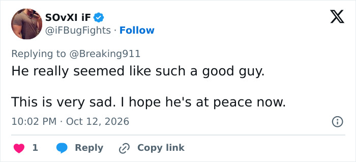 A social media post offering condolences following reports related to RJ Mitte final interview news. A social media post offering condolences following reports related to RJ Mitte final interview news.