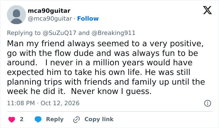 A tweet by mca90guitar recalling positive memories after RJ Mitte's tragic passing. A tweet by mca90guitar recalling positive memories after RJ Mitte's tragic passing.