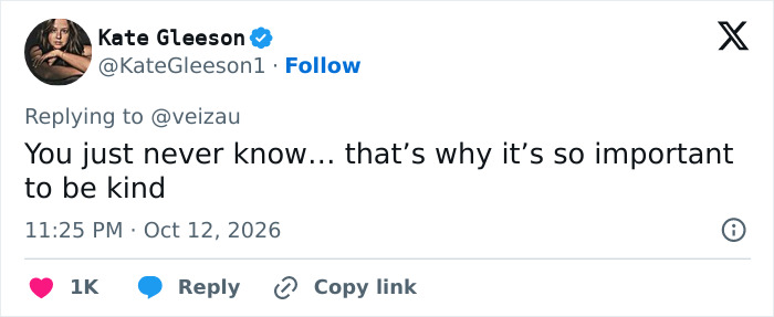 A tweet by Kate Gleeson discussing the importance of being kind. A tweet by Kate Gleeson discussing the importance of being kind.
