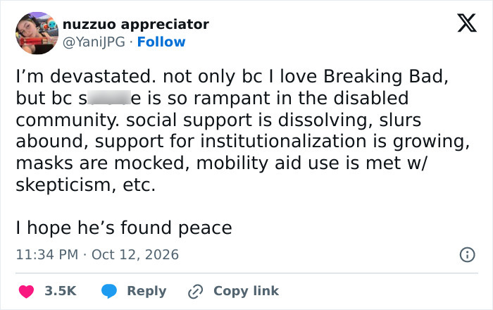 A fan post expressing devastation over RJ Mitte passing and discussing disability support. A fan post expressing devastation over RJ Mitte passing and discussing disability support.