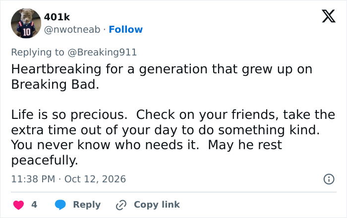 A fan post expressing sadness about Breaking Bad actor following news around RJ Mitte final interview. A fan post expressing sadness about Breaking Bad actor following news around RJ Mitte final interview.