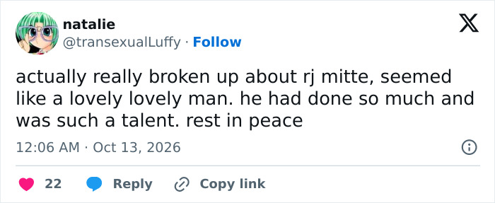 Fan tribute to RJ Mitte tragic passing calling him a lovely talent who will rest in peace. Fan tribute to RJ Mitte tragic passing calling him a lovely talent who will rest in peace.