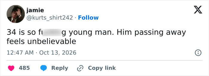 A social media post about RJ Mitte passing expressing shock that 34 is so young. A social media post about RJ Mitte passing expressing shock that 34 is so young.