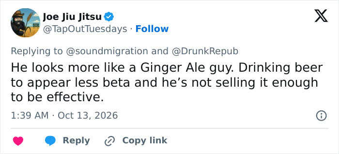 A tweet by Joe Jiu Jitsu criticizing Mark Zuckerberg's bizarre behavior while pretending to drink a beer like Guinness. A tweet by Joe Jiu Jitsu criticizing Mark Zuckerberg's bizarre behavior while pretending to drink a beer like Guinness.