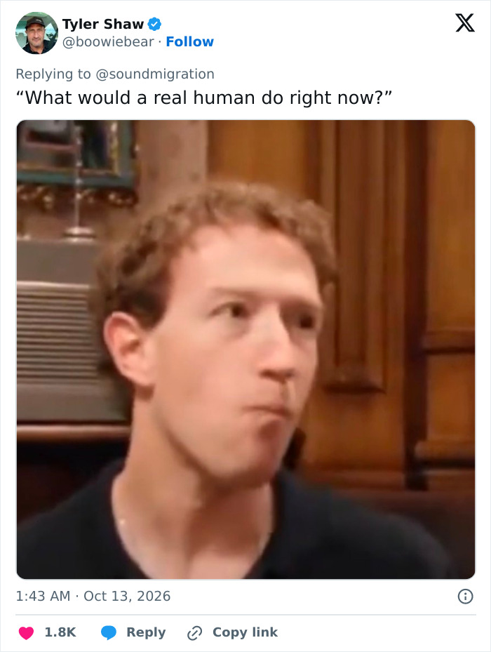 Social media post mocking Mark Zuckerberg's bizarre behavior during a Guinness drinking video. Social media post mocking Mark Zuckerberg's bizarre behavior during a Guinness drinking video.