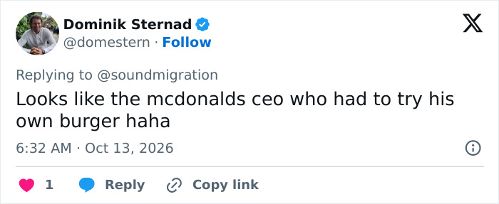 A tweet by Dominik Sternad comparing Mark Zuckerberg's bizarre behavior with Guinness to a CEO eating fast food. A tweet by Dominik Sternad comparing Mark Zuckerberg's bizarre behavior with Guinness to a CEO eating fast food.